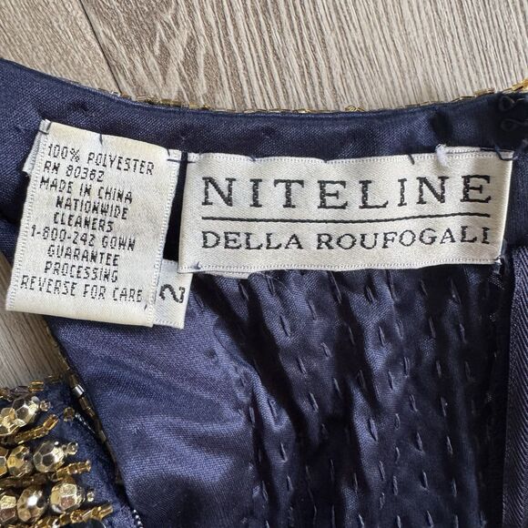 Niteline Della Roufogali Gold Beaded Cocktail Night Out Sexy Dress Size 2 Blue - Picture 14 of 16